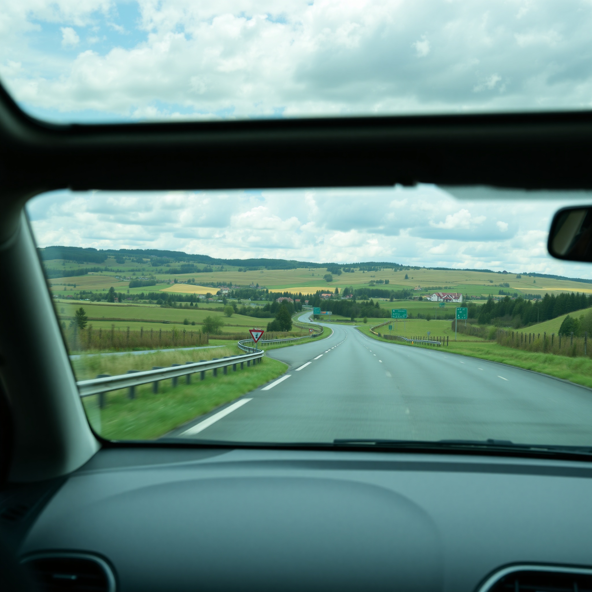 Professional driving through Polish countryside with scenic rural landscape and road signs