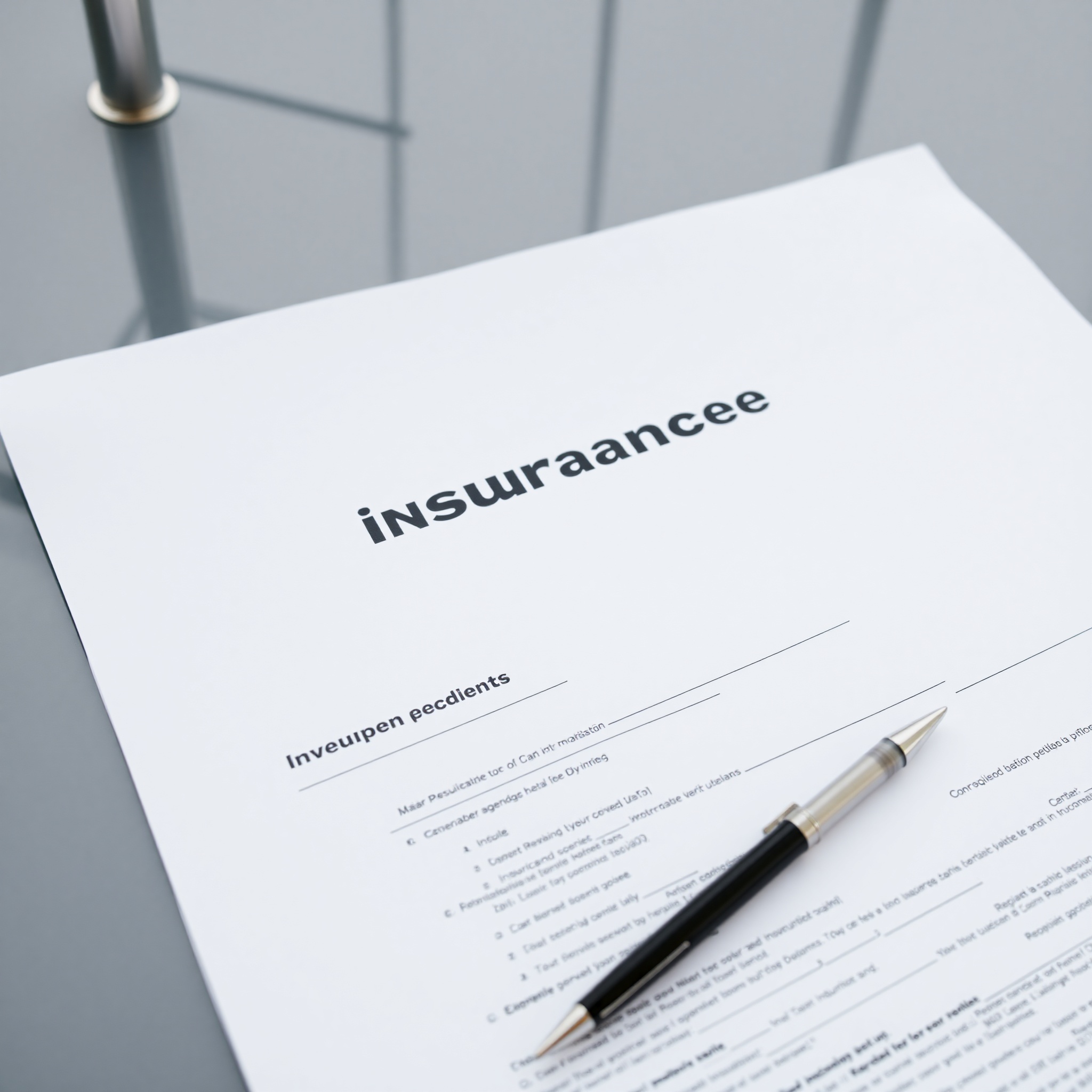Professional photo of insurance document with pen and vehicle registration papers on desk