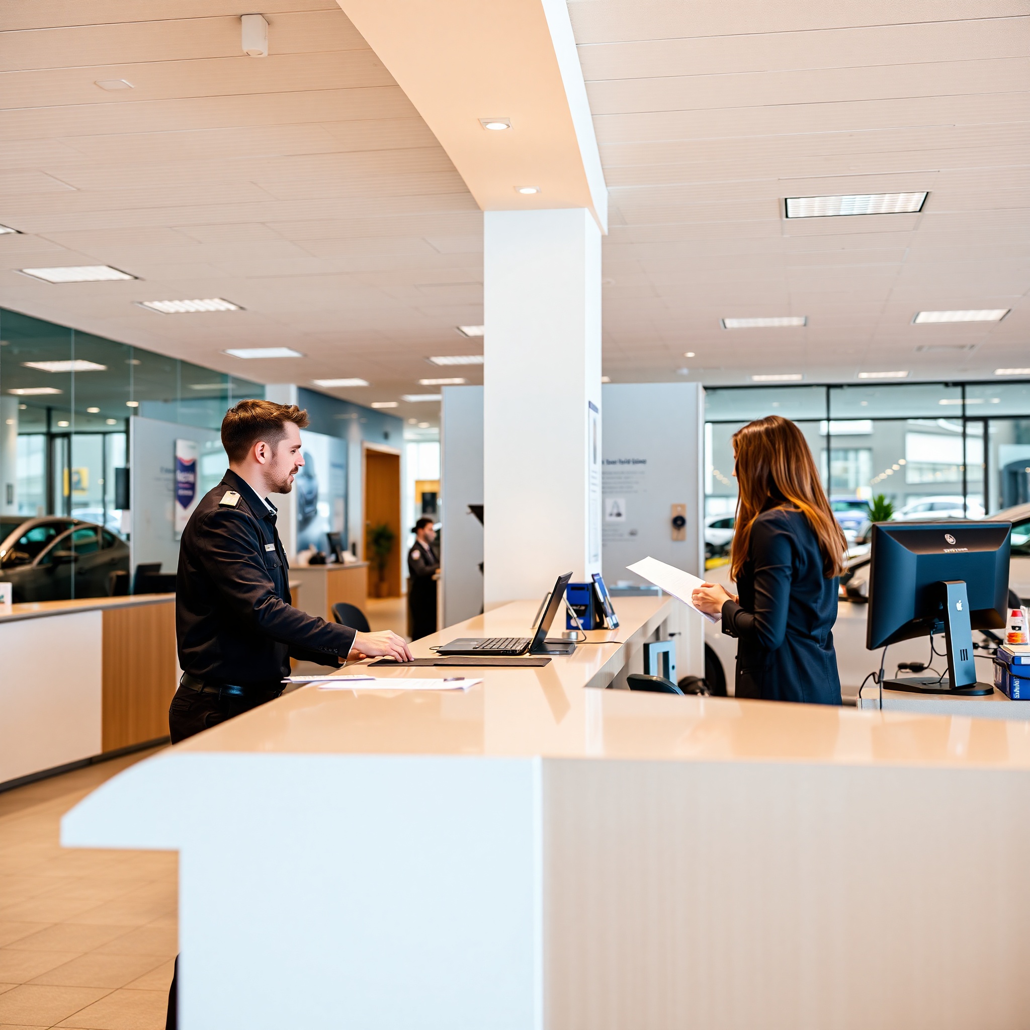 Modern rental car counter with professional staff assisting customer in Poland