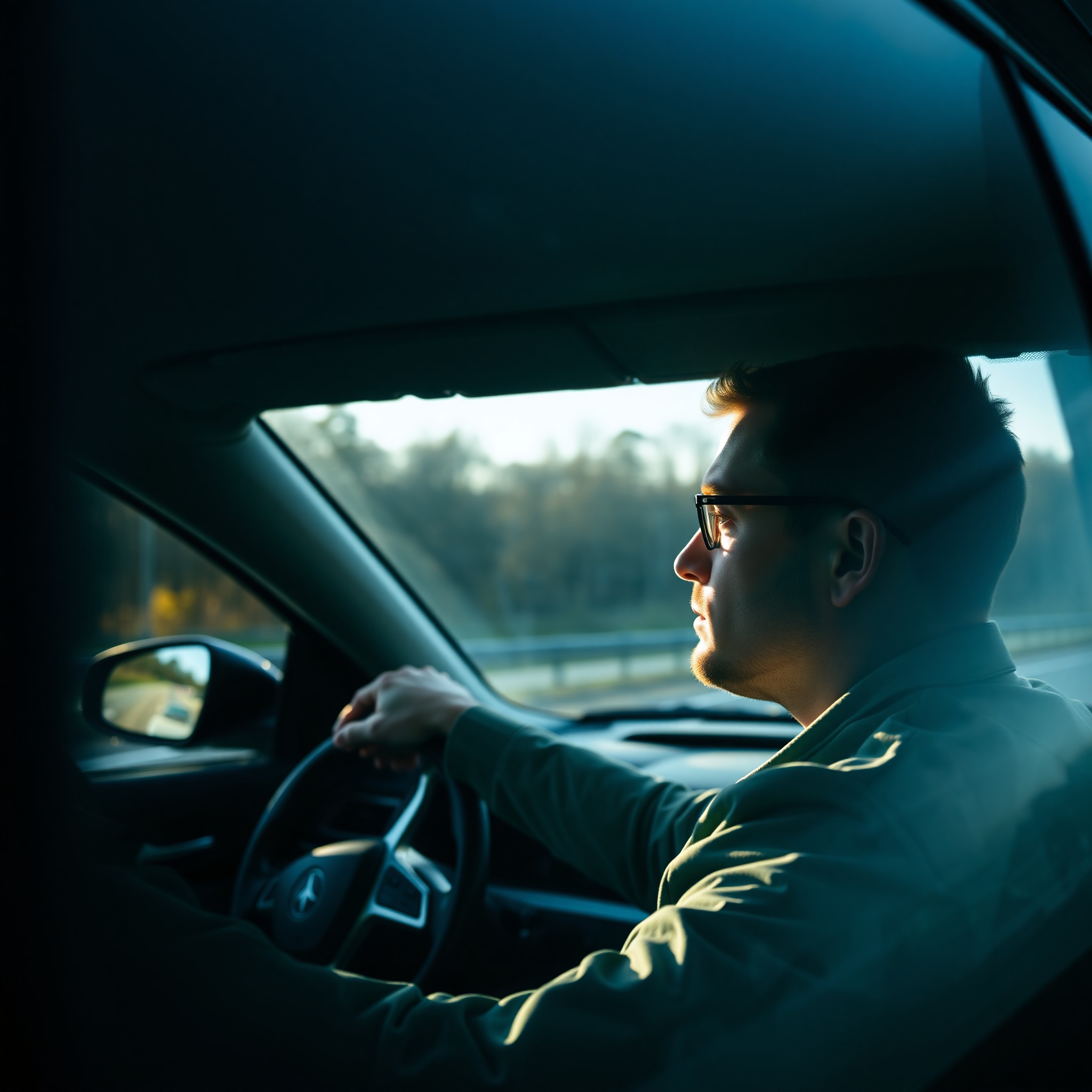 Professional photo of experienced driver at steering wheel on Polish highway, focused expression, daytime driving