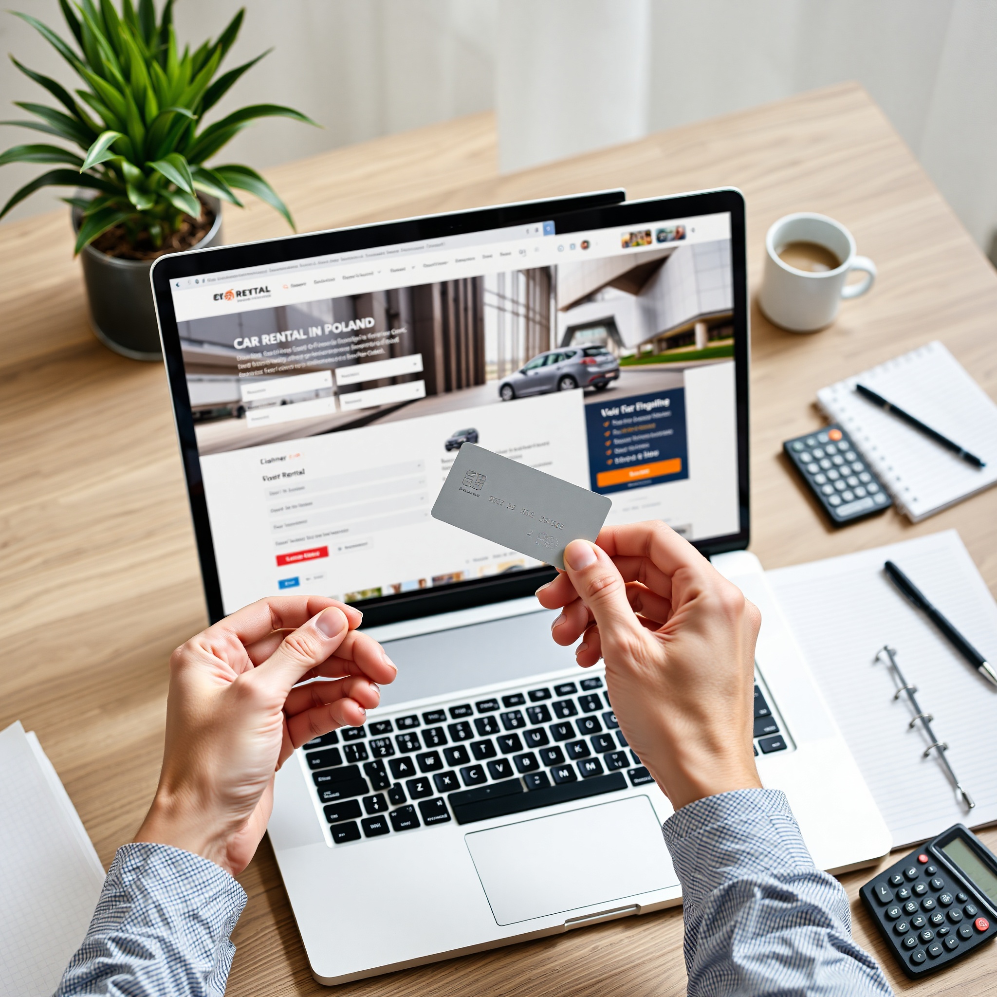 Professional photo of hands holding credit card and laptop showing booking website, workspace with notebook and calculator