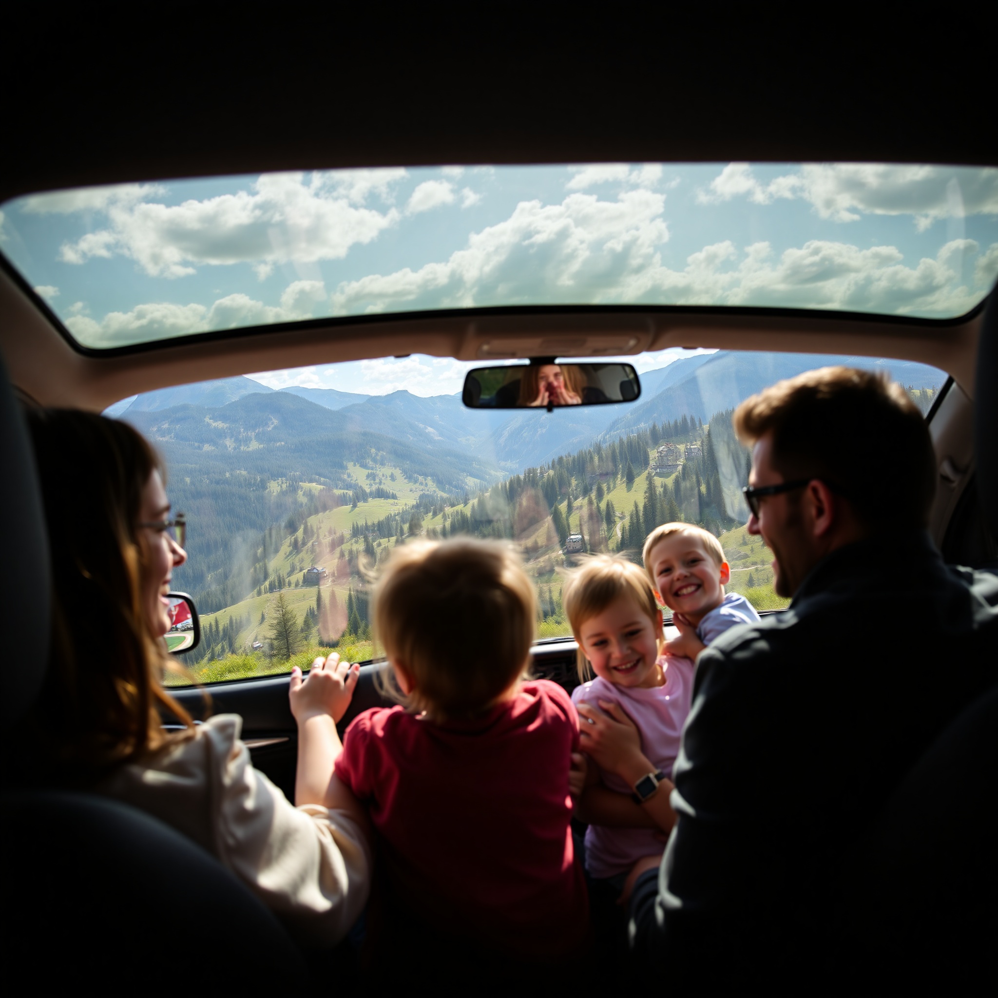Family enjoying scenic drive through Polish mountain region with happy expressions and scenic landscape