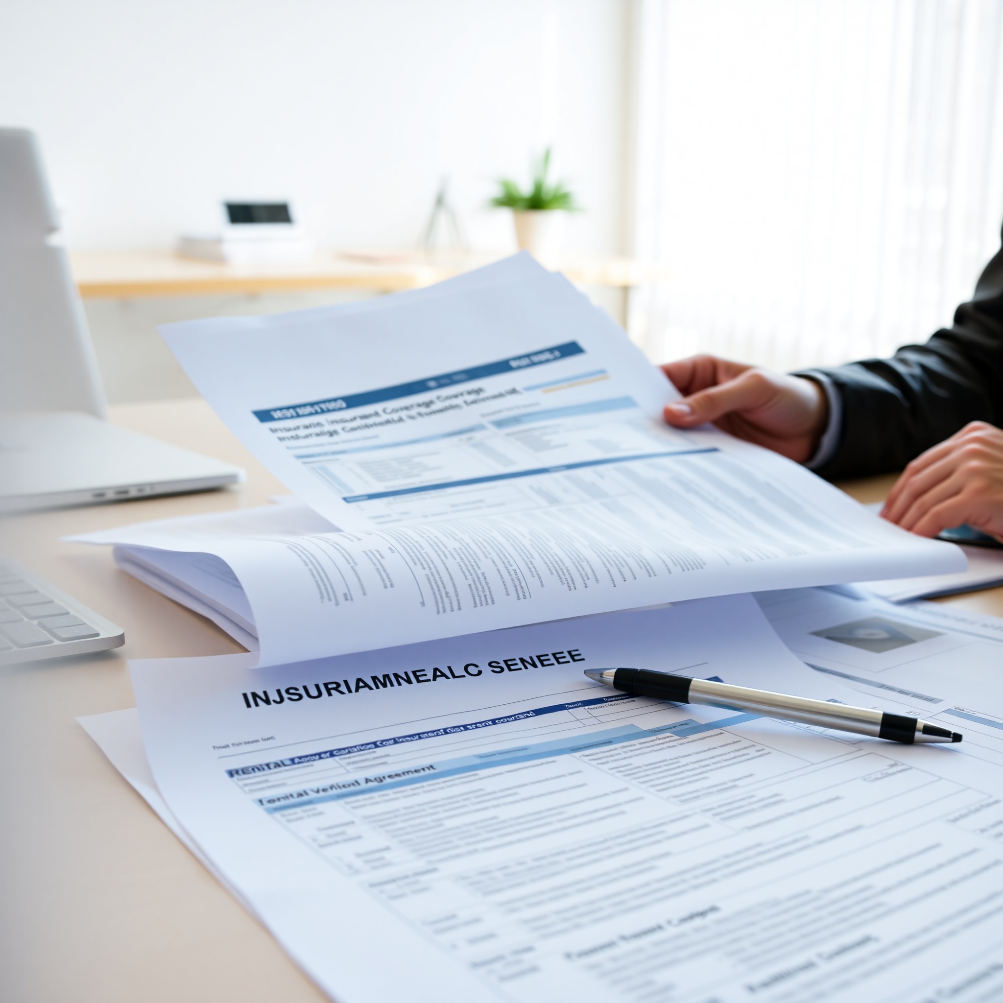 Insurance documents and car rental agreement on desk with pen, professional office setting