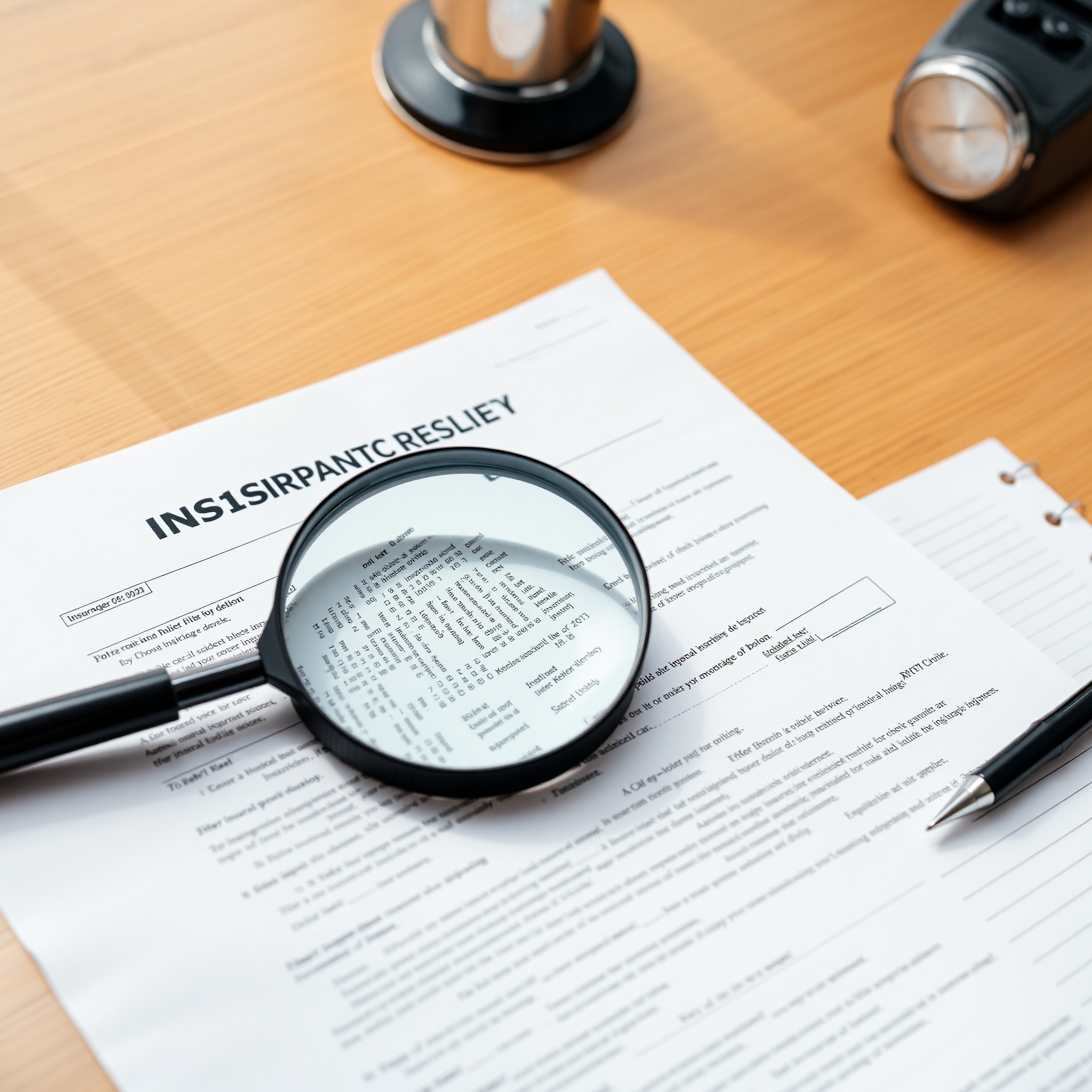 Professional insurance policy document with magnifying glass and pen showing coverage details