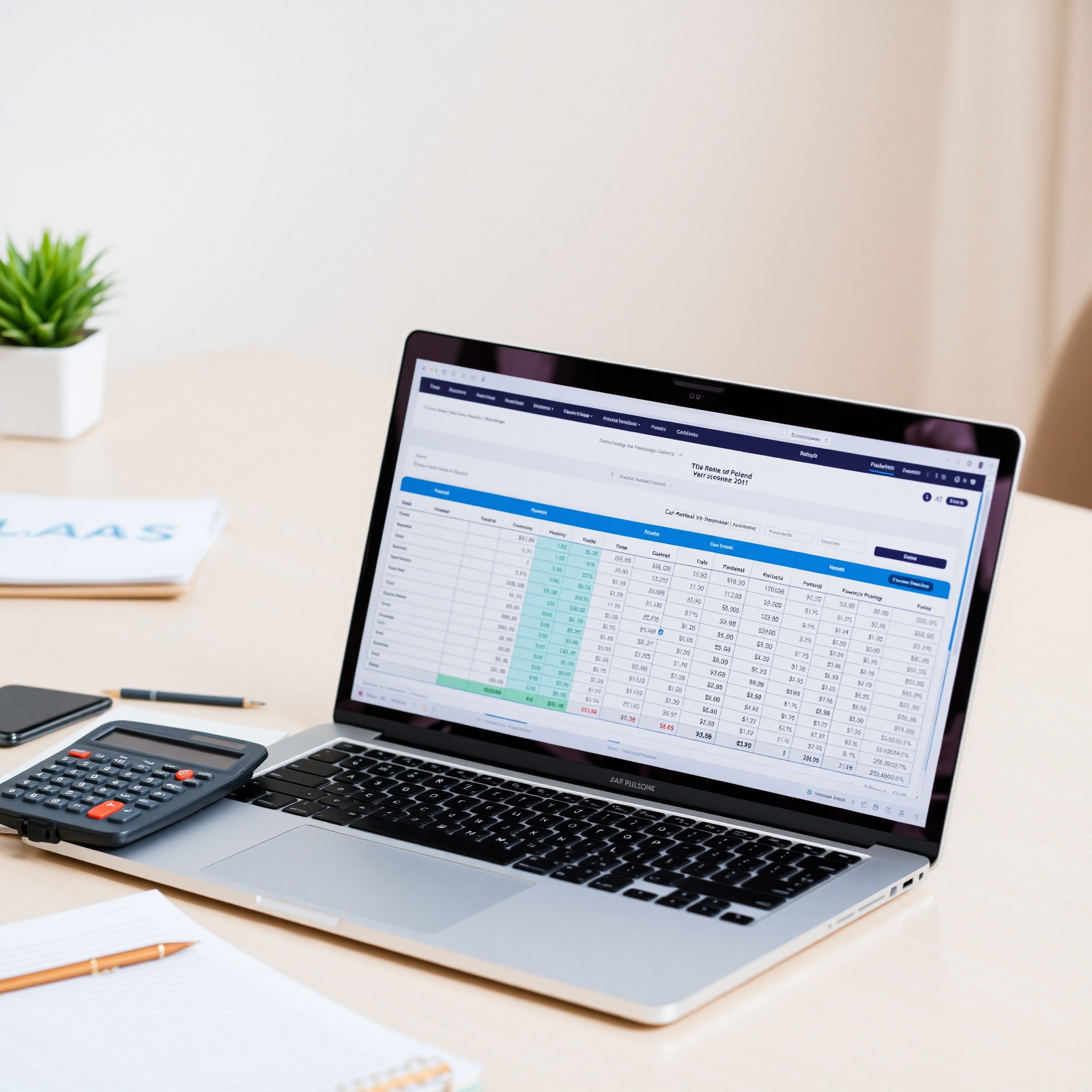 Professional photo of budget planning spreadsheet on computer screen with calculator and financial notes