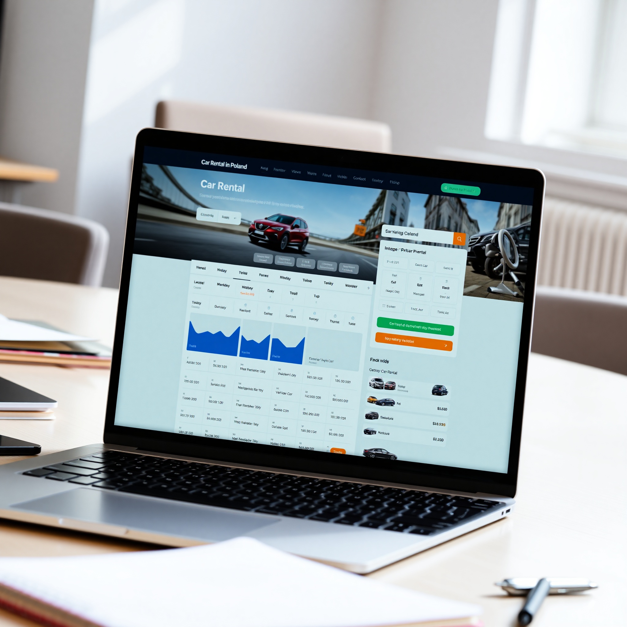 Professional car rental booking interface on laptop screen showing comparison rates and vehicle options