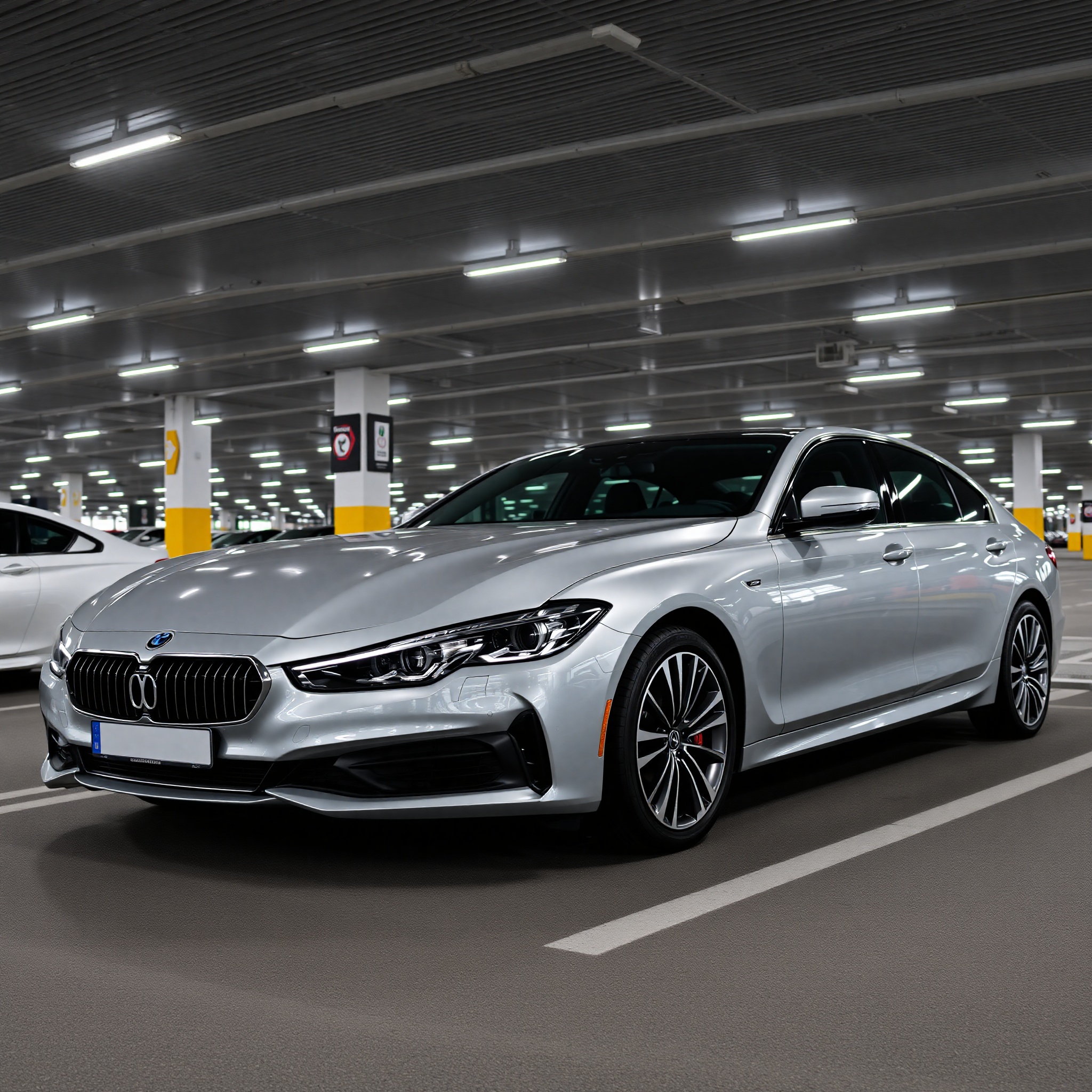 Professional photo of luxury sedan car parked in modern airport parking lot, bright daylight, wide shot