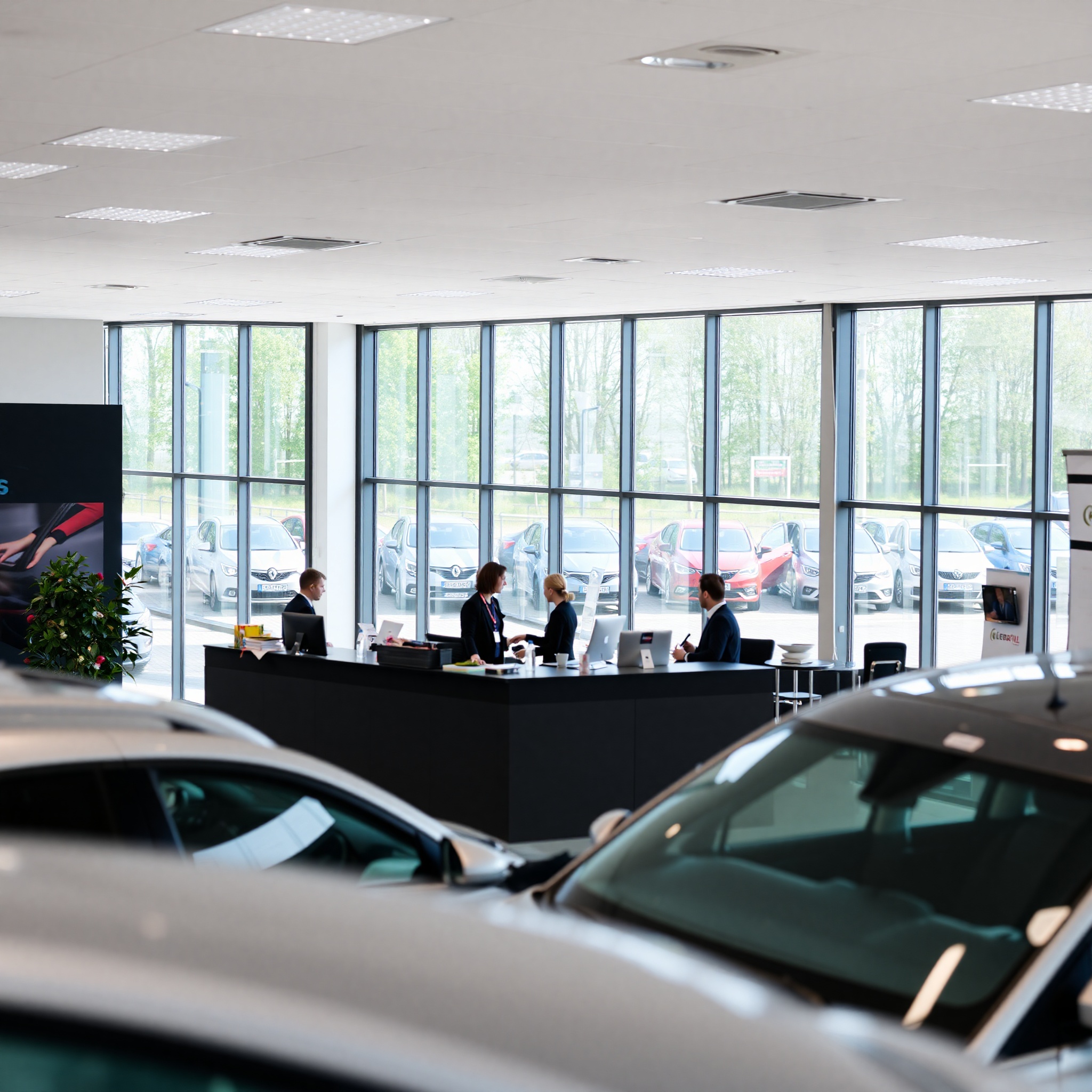 Professional photo of modern car rental office with professional staff assisting customers
