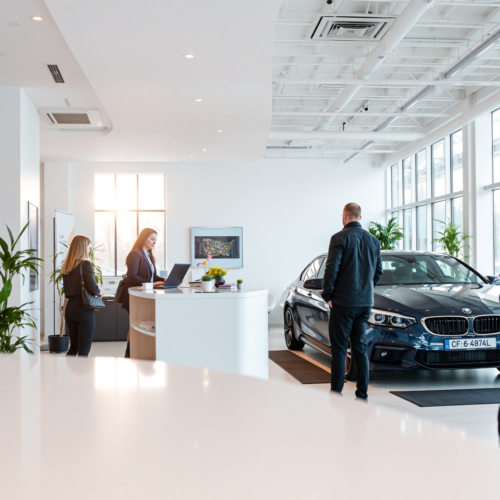 Professional photo of modern car rental agency office counter with staff assisting customer, natural window lighting