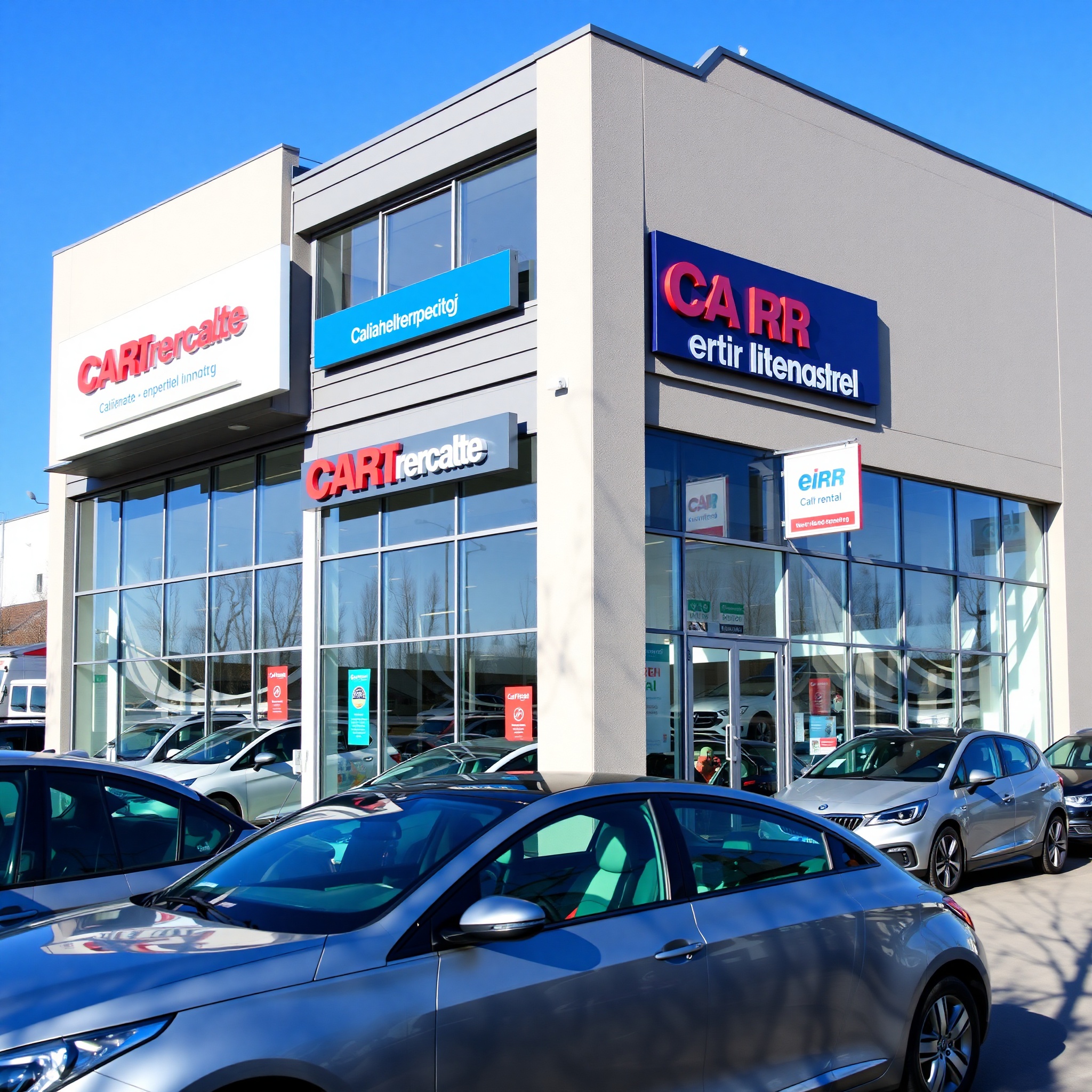 Professional car rental agency storefront with vehicles displayed outside modern building