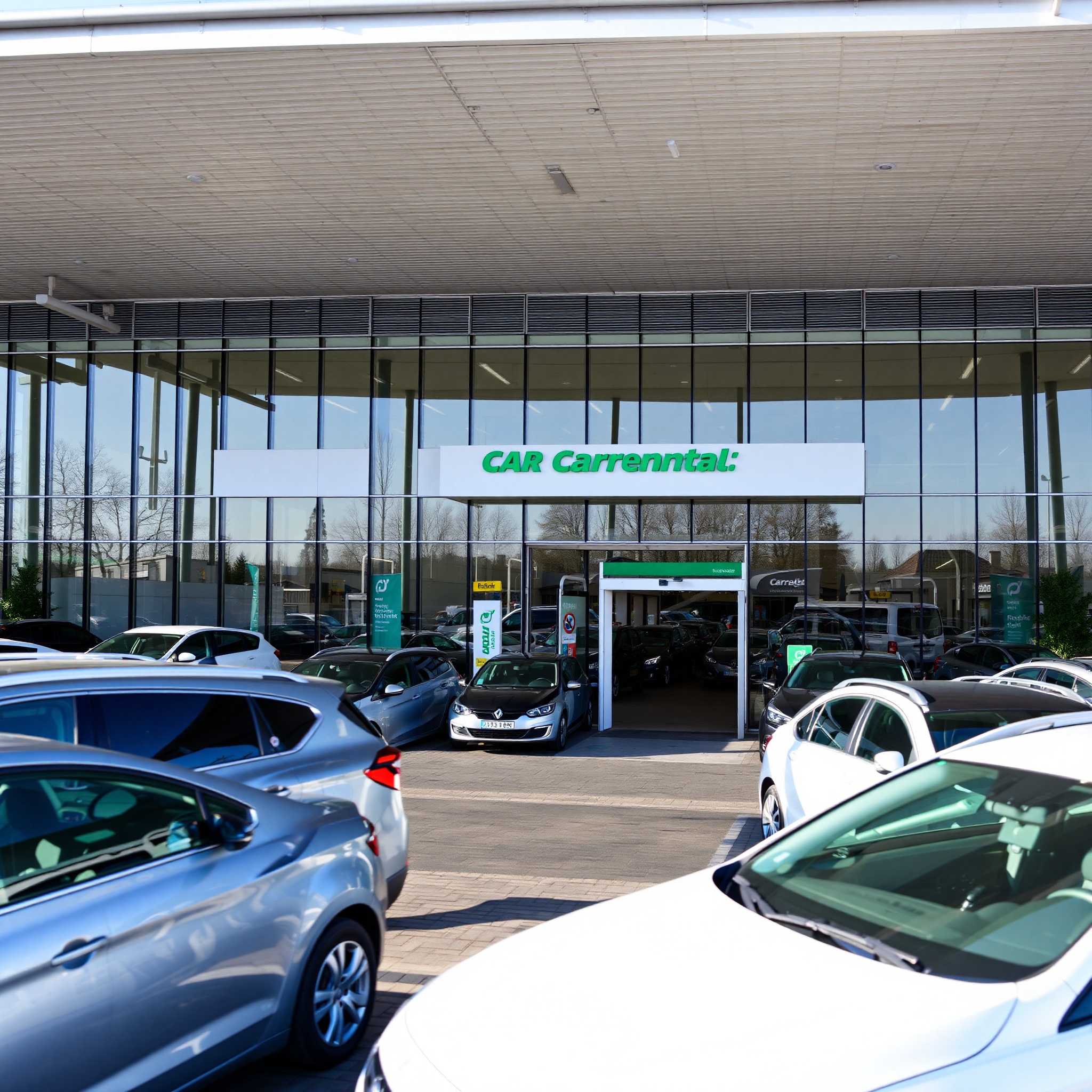 Modern car rental agency in Warsaw with multiple vehicles displayed in parking area, professional setting, daytime