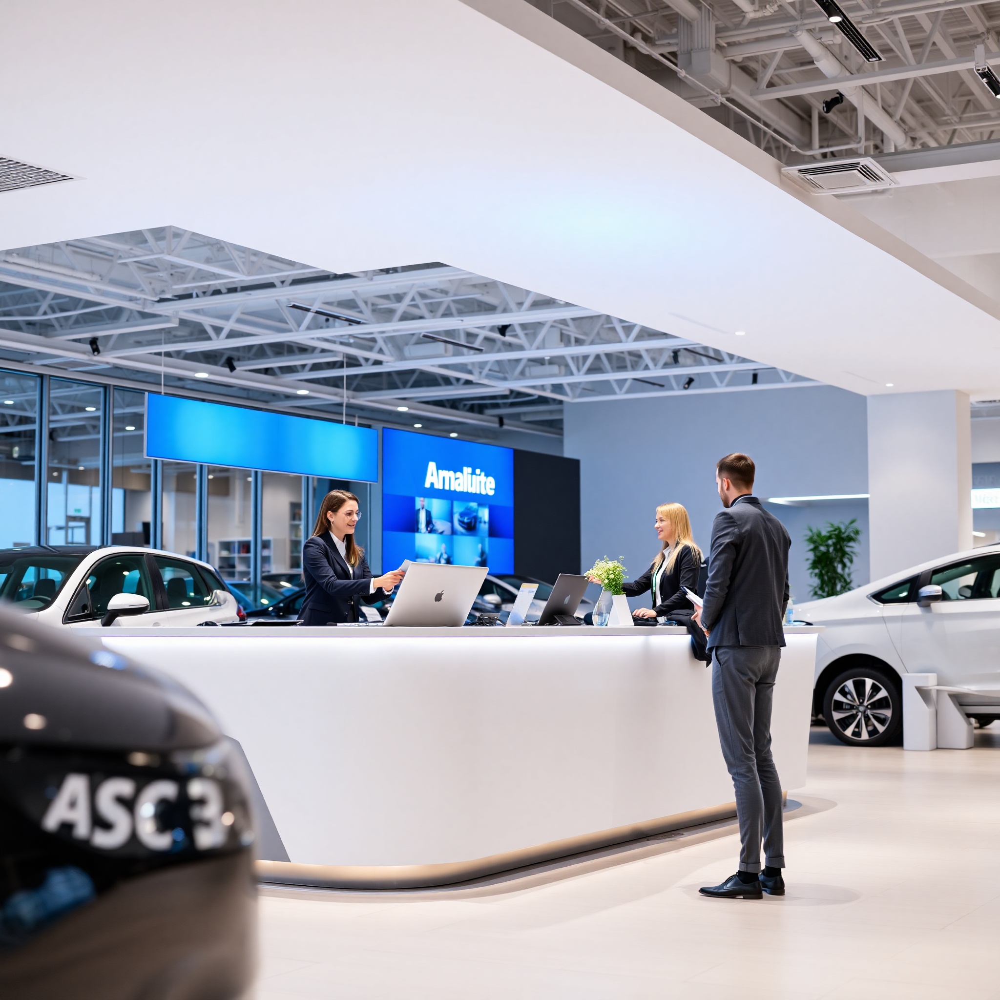 Modern rental car counter with professional staff assisting customer in Poland