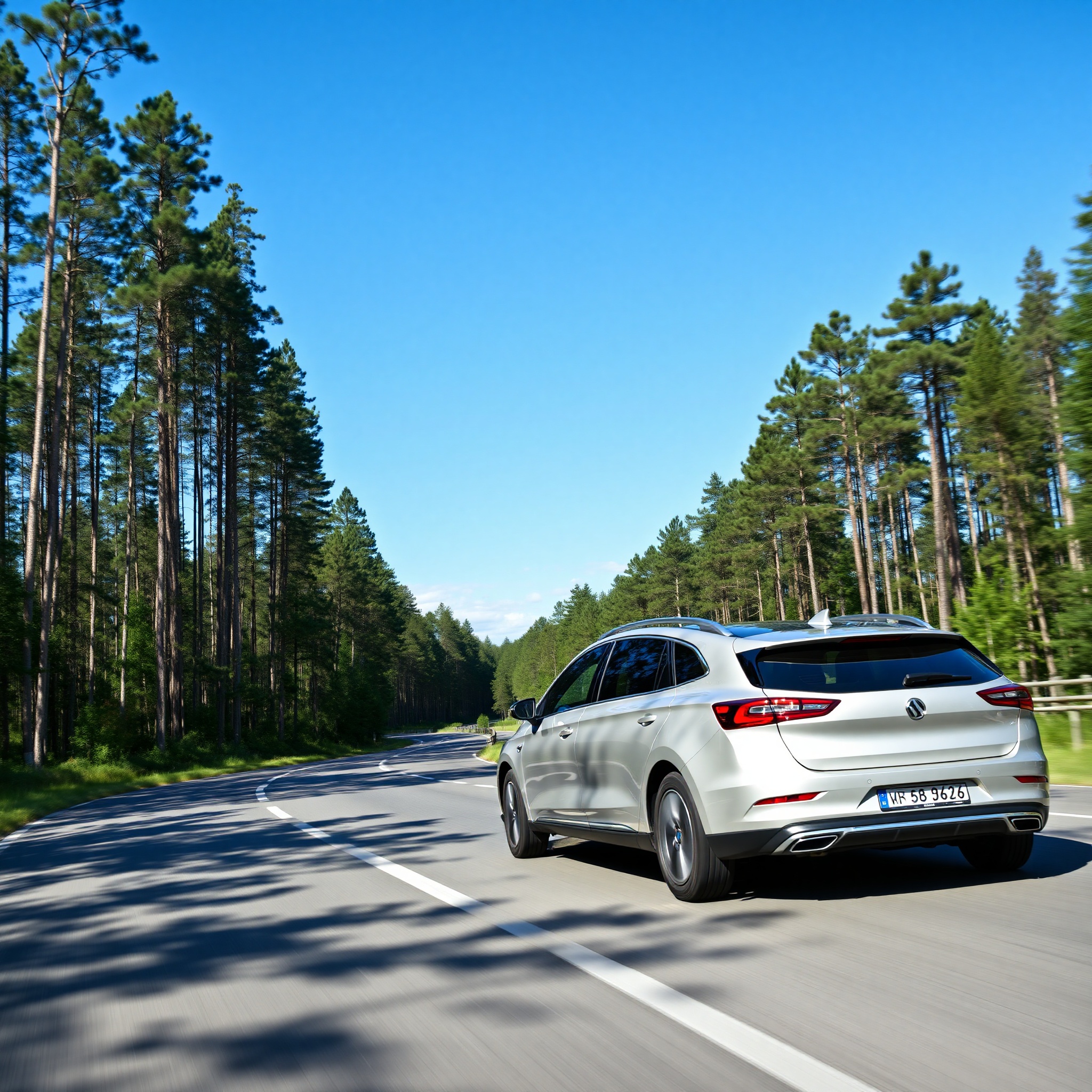 Scenic Polish countryside highway with modern car driving through forested landscape, clear weather, daytime