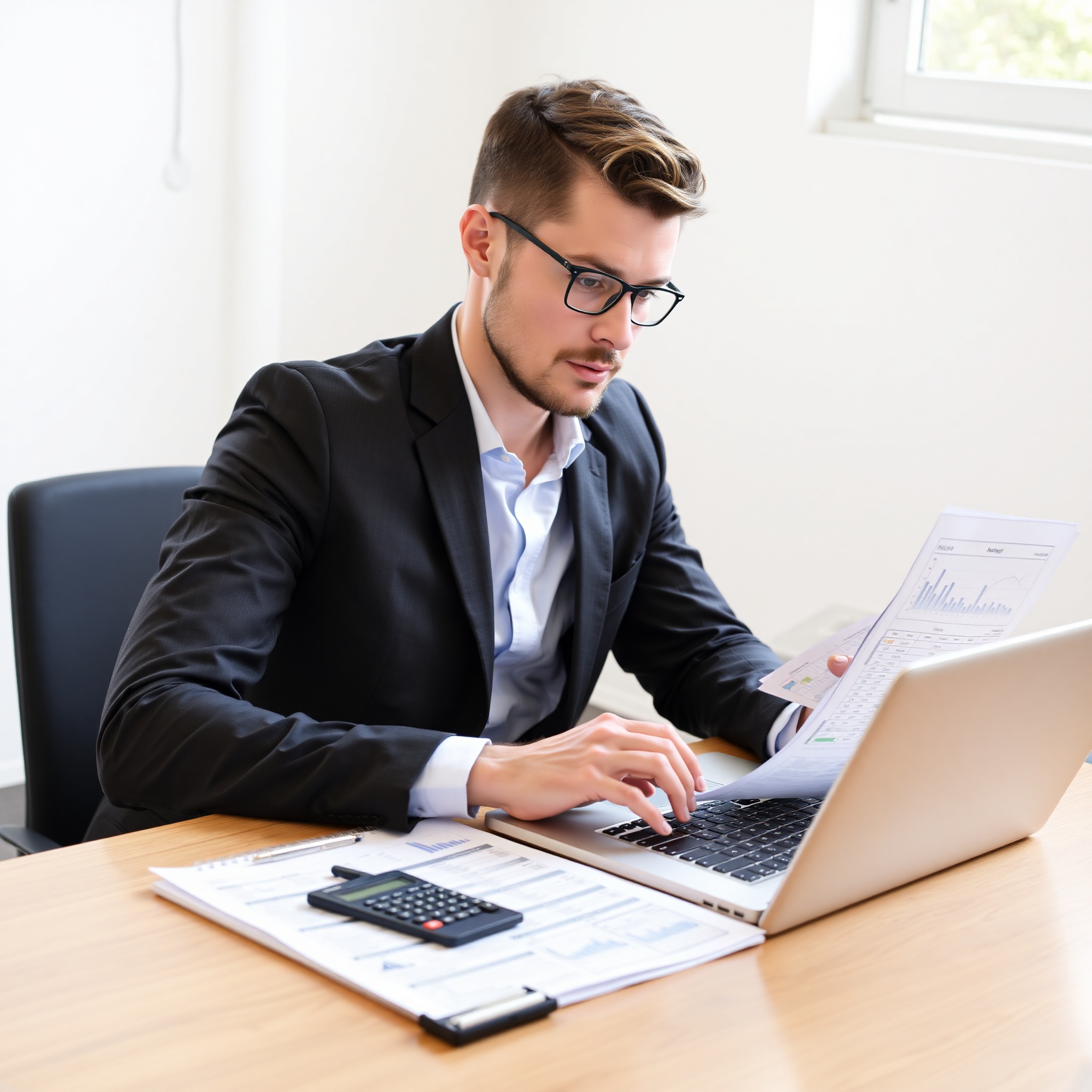 Person reviewing budget spreadsheet on laptop with calculator and cost analysis documents, financial planning