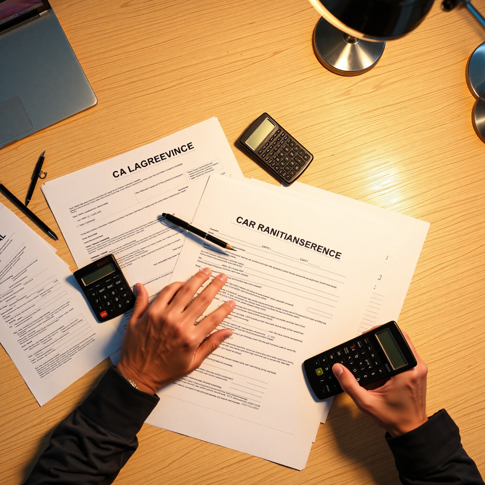 Professional insurance document review showing rental agreement with calculator and pen on wooden desk