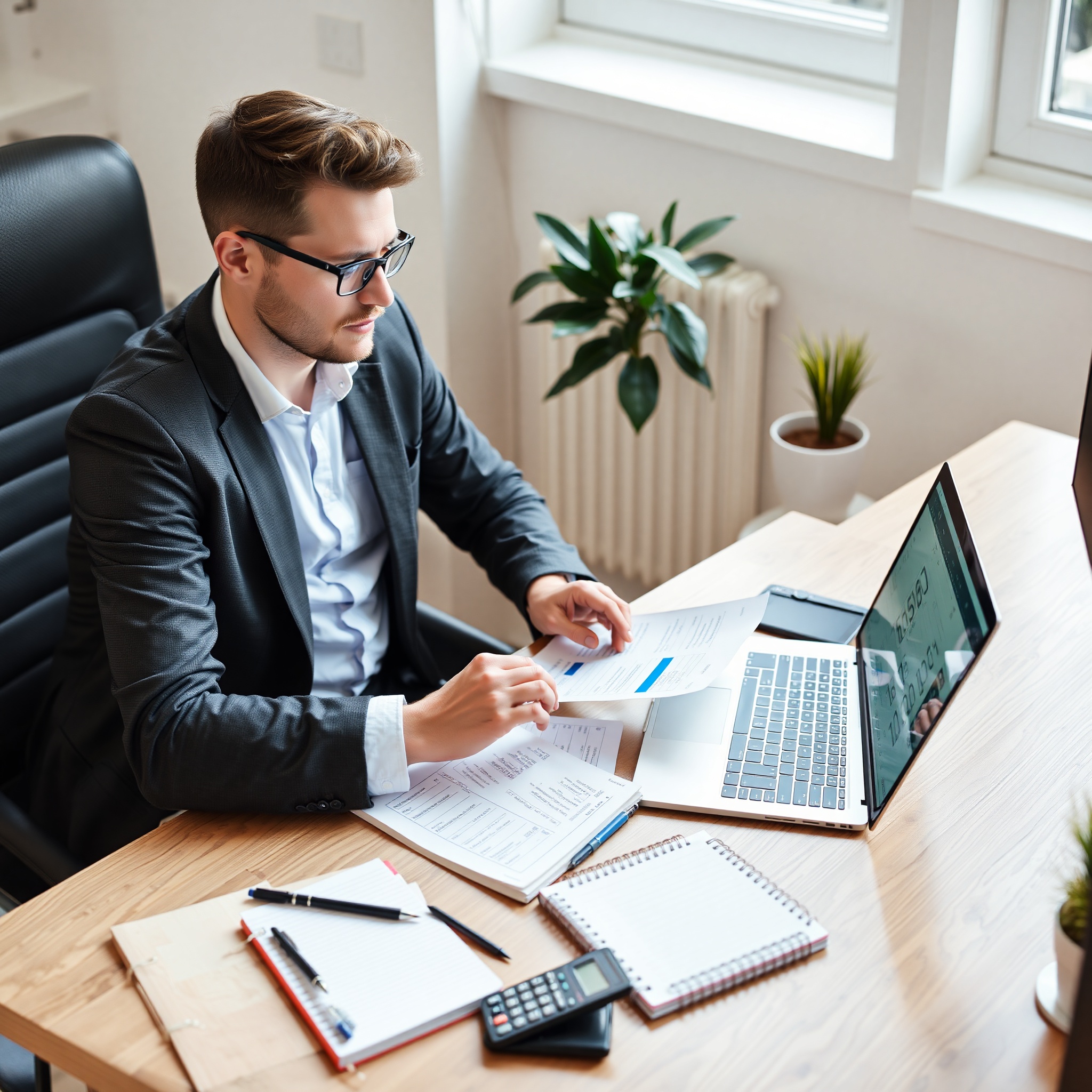 Budget-conscious traveler comparing rental car prices on laptop with notebook and calculator