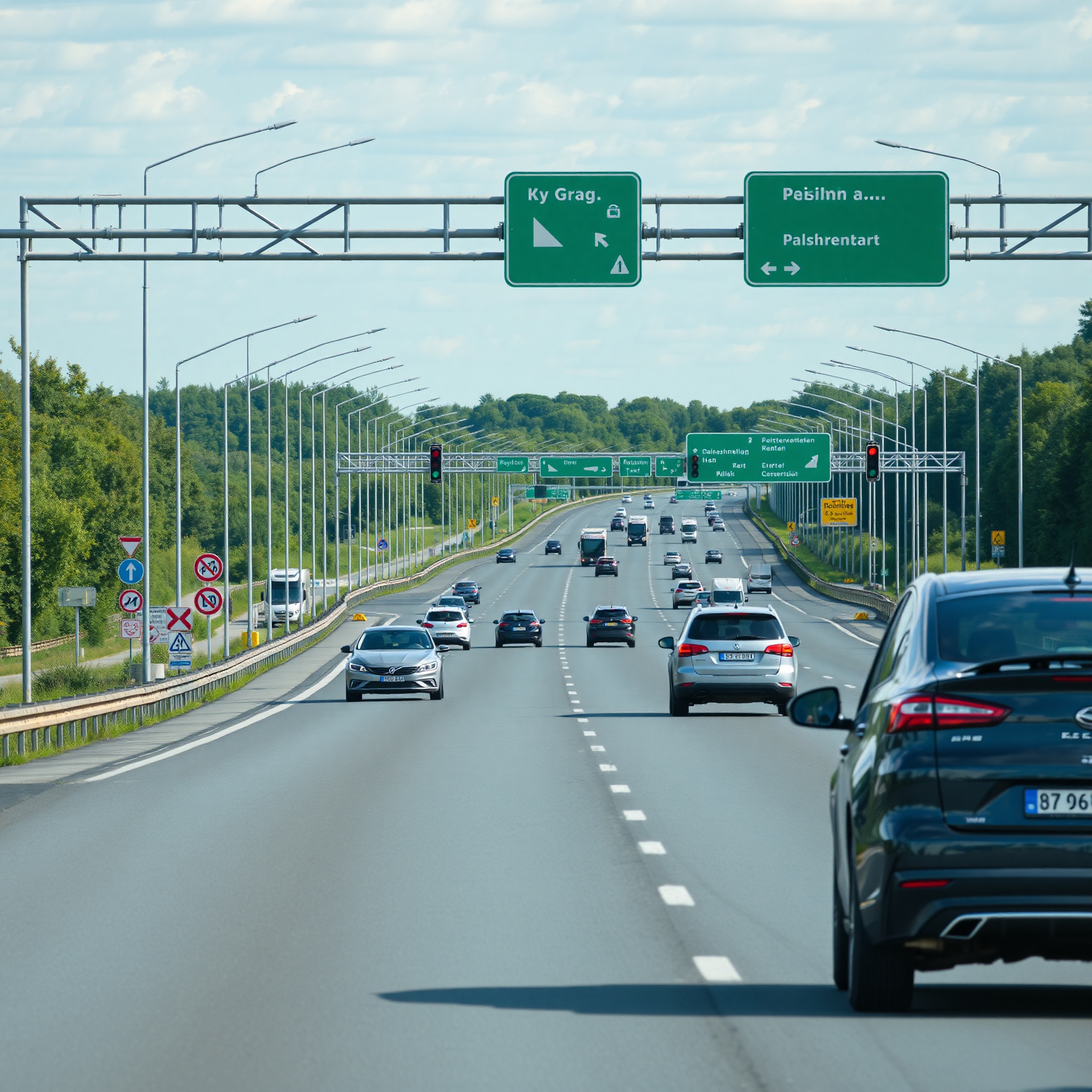 Professional photograph of Polish road signs and traffic lights on highway with modern vehicles
