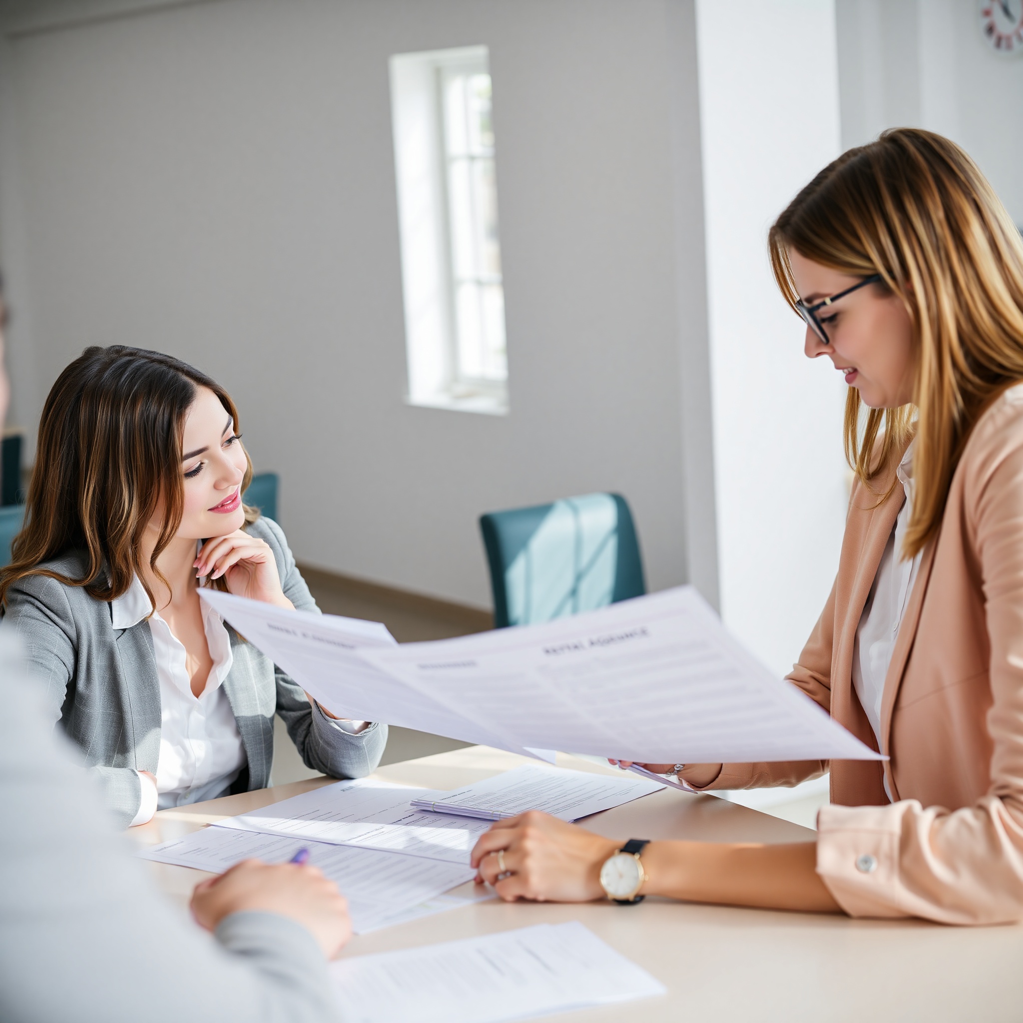 Young couple examining rental car documentation and insurance papers at agency desk