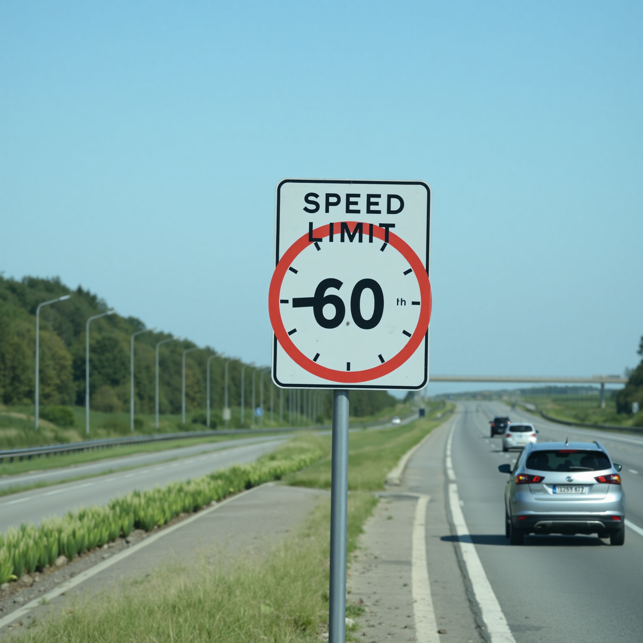 Professional photo of Polish traffic sign with speed limits displayed on highway with traffic flow